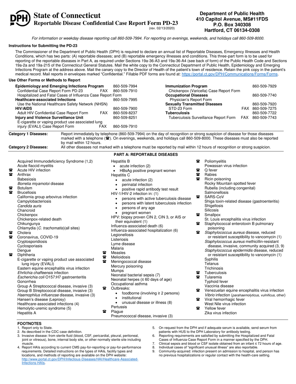 Form PD-23 Reportable Disease Confidential Case Report Form - Connecticut, Page 1
