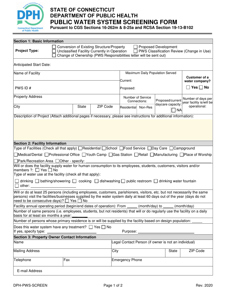 Public Water System Screening Form - Connecticut, Page 1