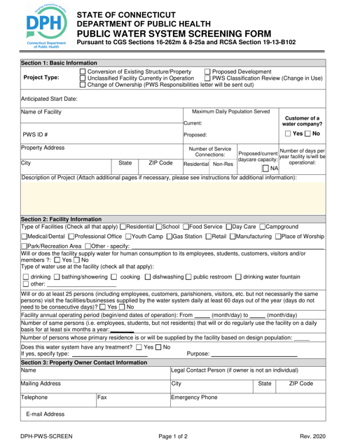 Public Water System Screening Form - Connecticut Download Pdf