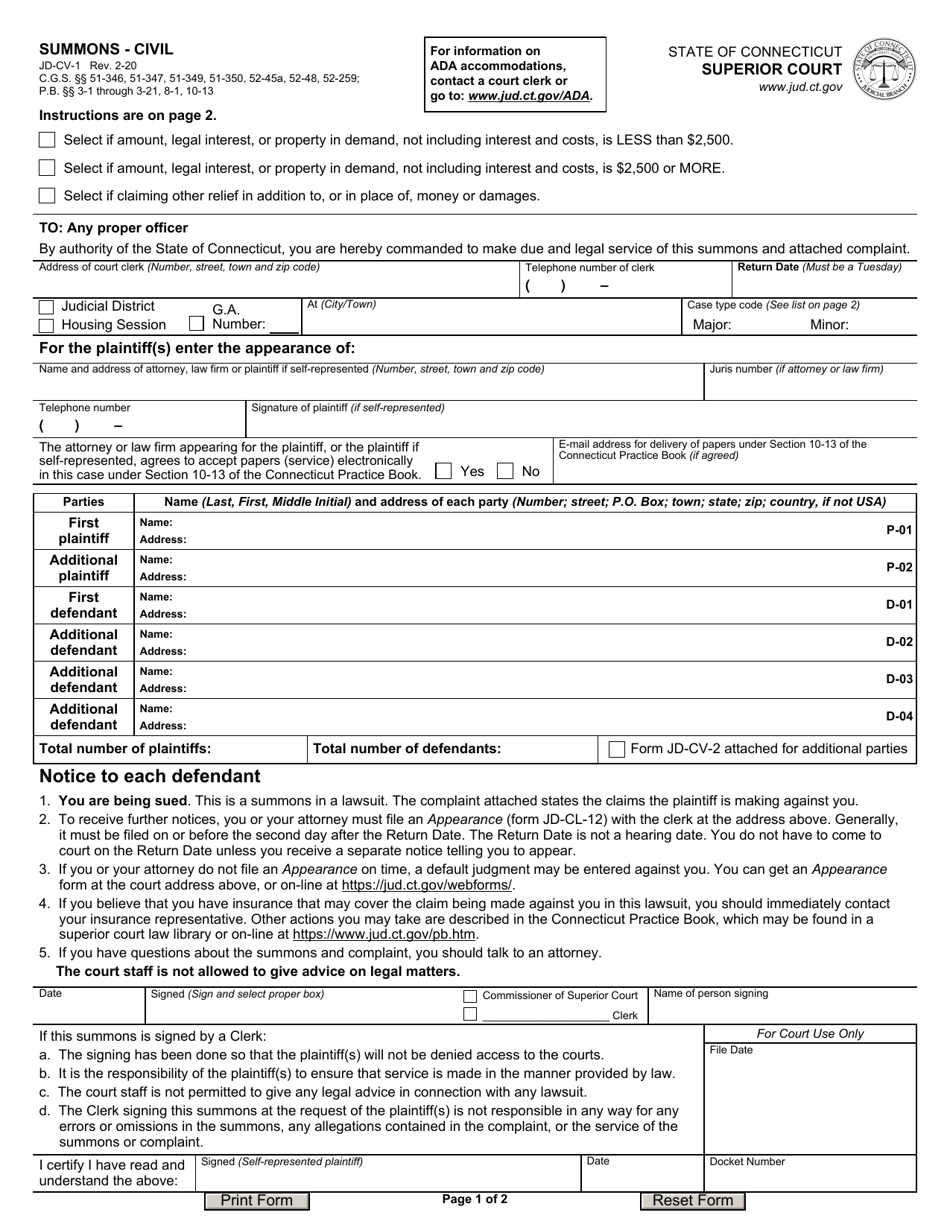 Form JD-CV-1 - Fill Out, Sign Online and Download Fillable PDF ...