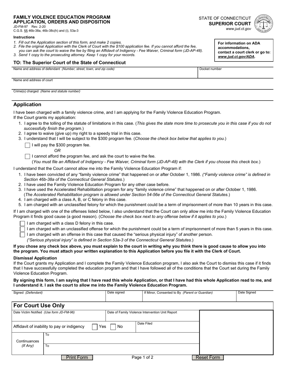 Form JD-FM-97 Family Violence Education Program Application, Orders and Disposition - Connecticut, Page 1