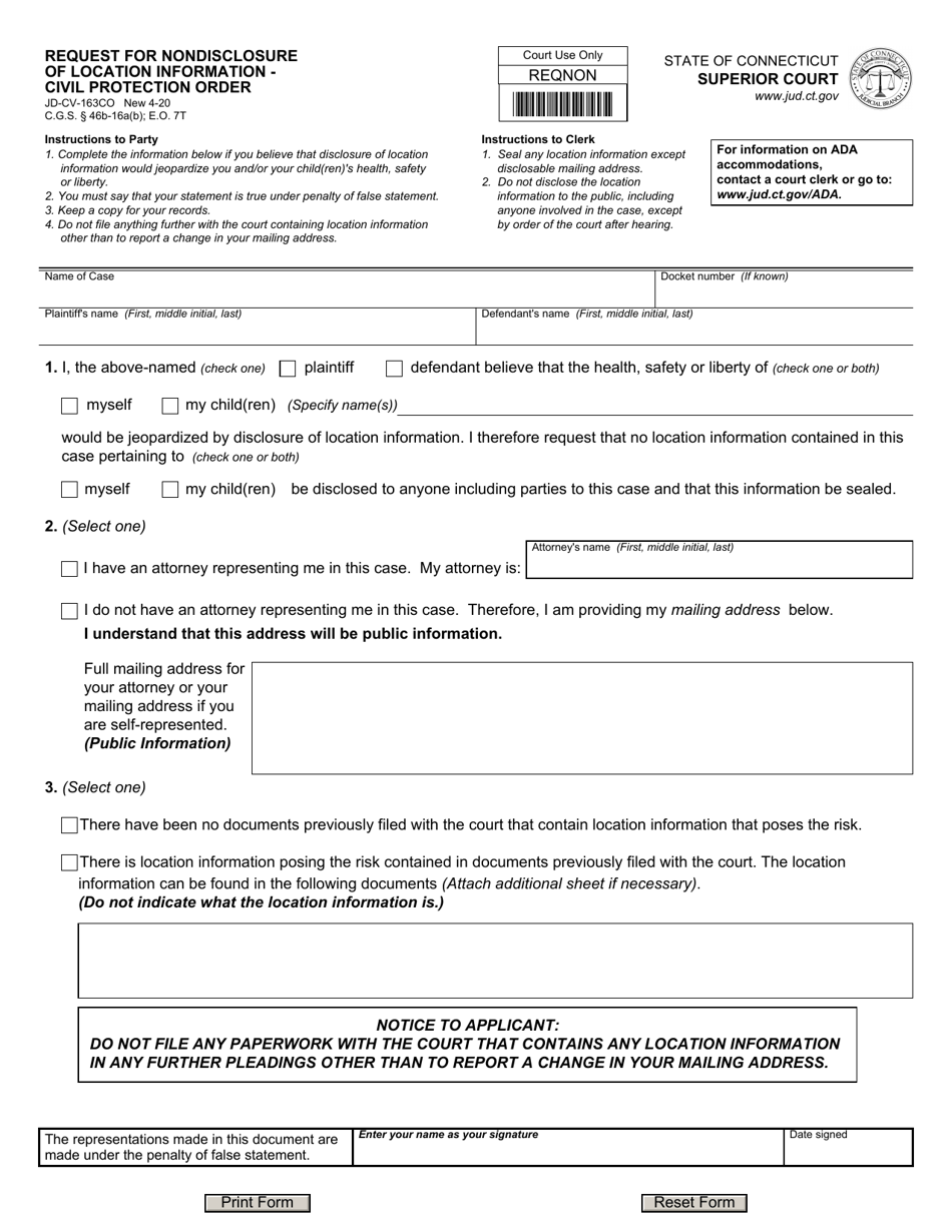 Form JD-CV-163CO Request for Nondisclosure of Location Information - Civil Protection Order - Connecticut, Page 1