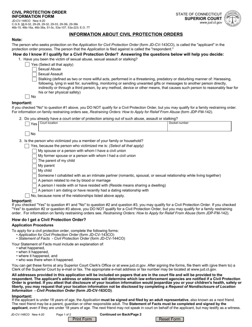 Form JD-CV-148CO Civil Protection Order Information Form - Connecticut