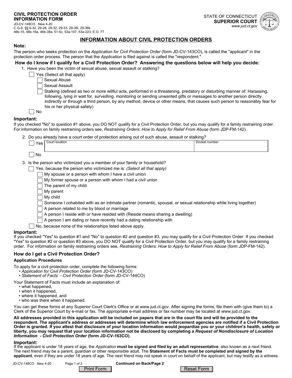 Form JD-CV-148CO Civil Protection Order Information Form - Connecticut, Page 1