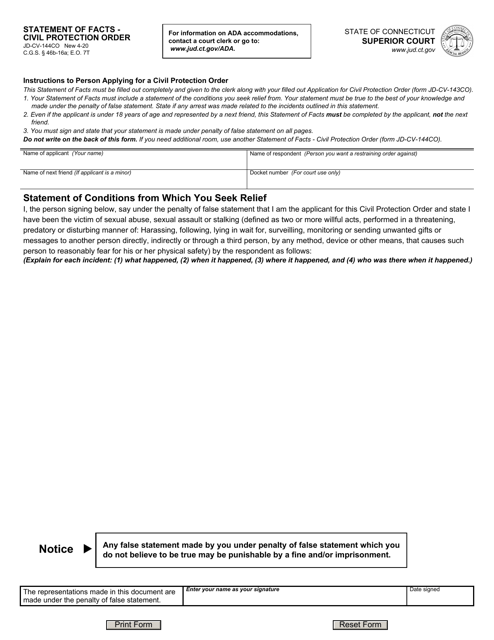 Form JD-CV-144CO Statement of Facts - Civil Protection Order - Connecticut