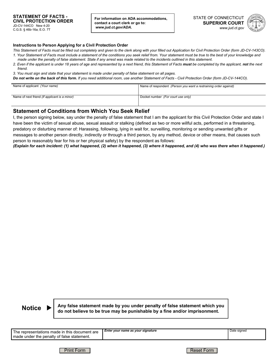 Form JD-CV-144CO Statement of Facts - Civil Protection Order - Connecticut, Page 1