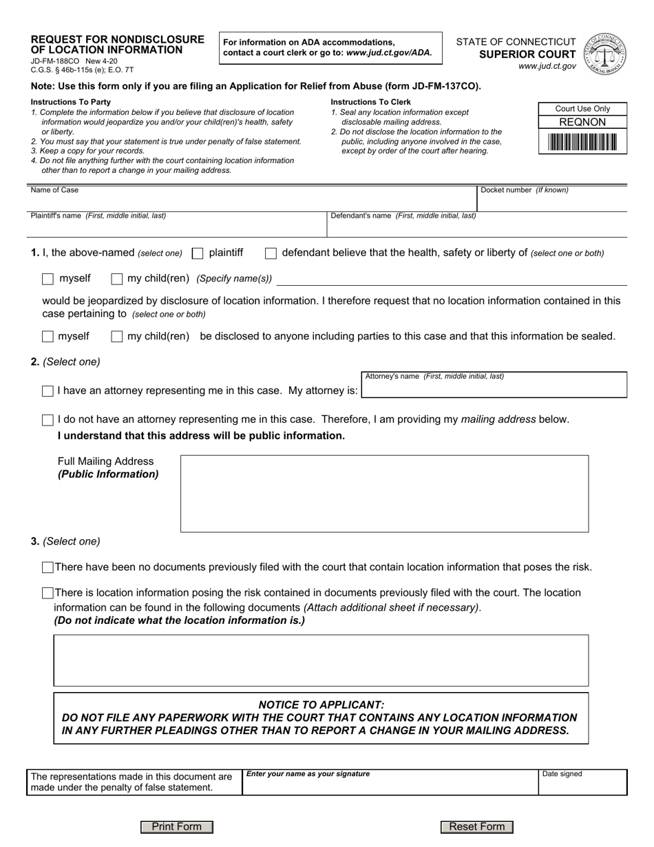 Form JD-FM-188CO Request for Nondisclosure of Location Information - Connecticut, Page 1