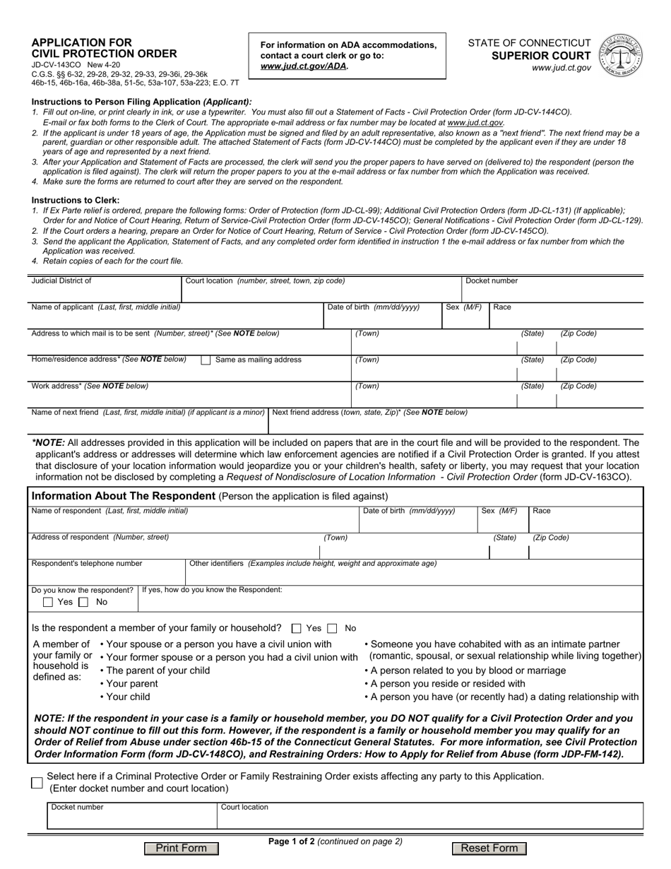Form JD-CV-143CO Application for Civil Protection Order - Connecticut, Page 1