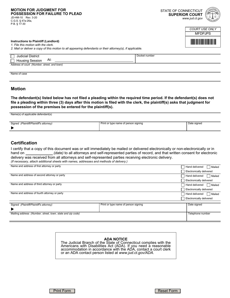 Form JD-HM-10 Motion for Default for Failure to Plead and Judgment for Possession - Connecticut, Page 1
