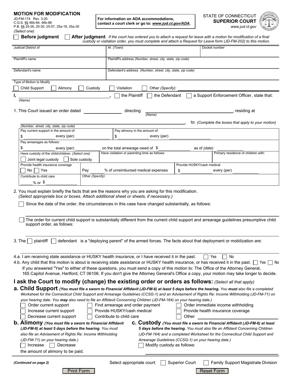 Form JD-FM-174 Motion for Modification - Connecticut, Page 1