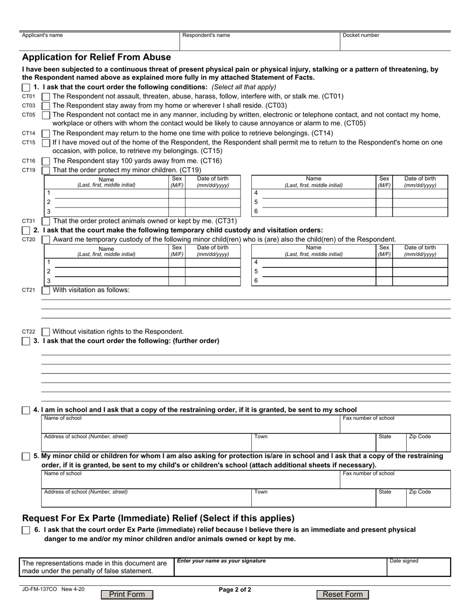 Form JD-FM-137CO Application for Relief From Abuse - Connecticut, Page 2
