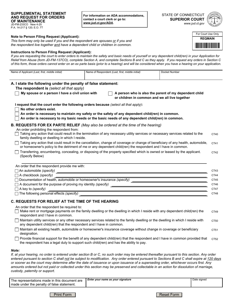 Form JD-FM-233CO Supplemental Statement and Request for Orders of Maintenance - Connecticut, Page 1