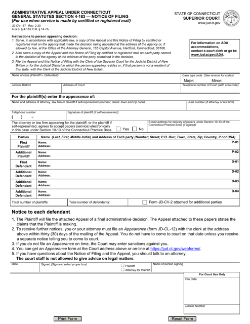 Form JD-CV-137 Administrative Appeals Under Connecticut General Statutes Section 4-183 - Notice of Filing - Connecticut