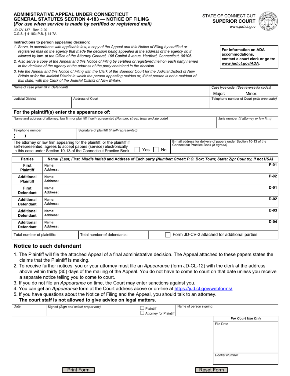 Form JD-CV-137 Administrative Appeals Under Connecticut General Statutes Section 4-183 - Notice of Filing - Connecticut, Page 1