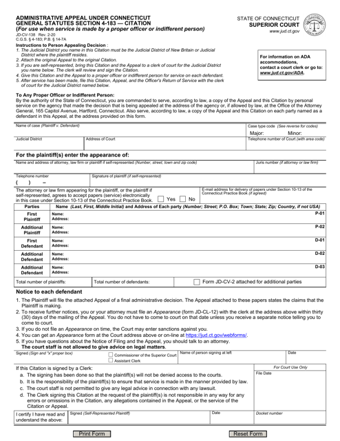 Form JD-CV-138 Administrative Appeals Under Connecticut General Statutes Section 4-183 - Notice of Filing - Connecticut