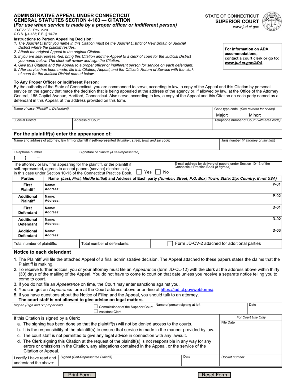 Form JD-CV-138 Administrative Appeals Under Connecticut General Statutes Section 4-183 - Notice of Filing - Connecticut, Page 1