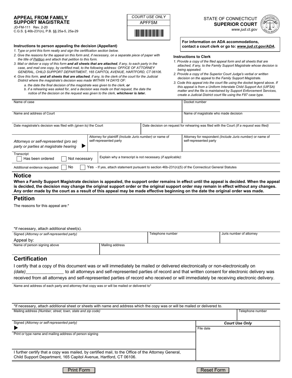 Form JD-FM-111 Appeal From Family Support Magistrate - Connecticut, Page 1