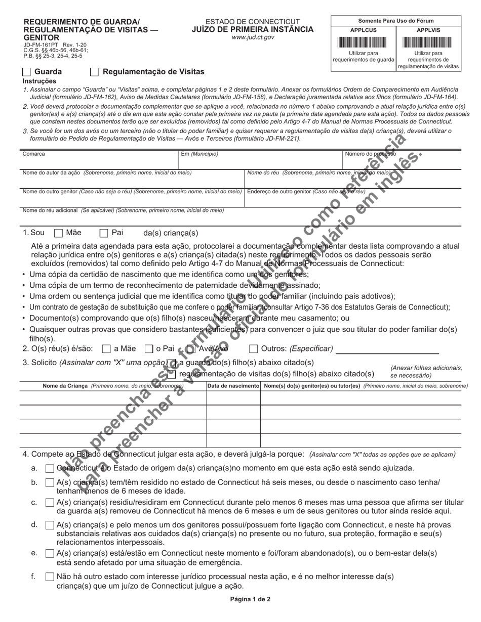 Form JD-FM-161PT Custody / Visitation Application - Parent - Connecticut (Portuguese), Page 1