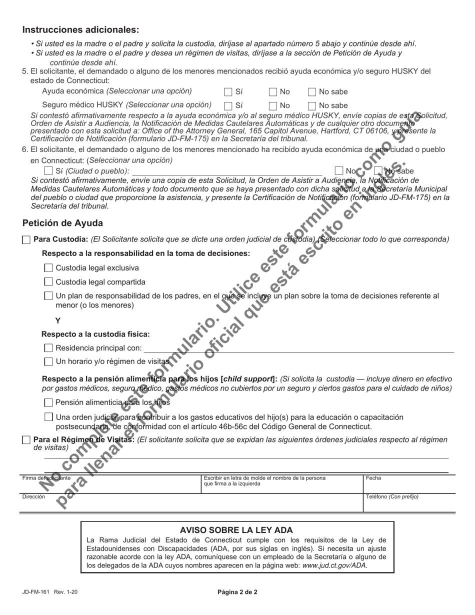 Formulario JD-FM-161S Solicitud De Custodia / Regimen De Visitas - Progenitores - Connecticut (Spanish), Page 2