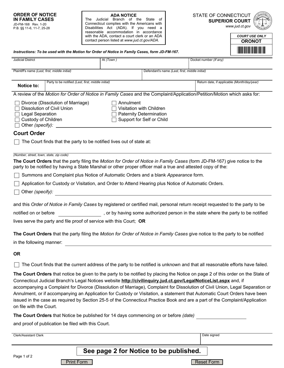 Form JD-FM-168 Order of Notice in Family Cases - Connecticut, Page 1