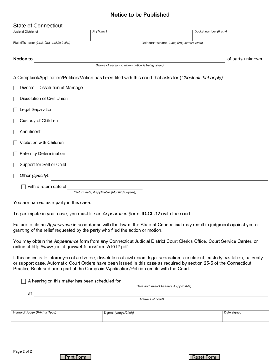 Form JD-FM-168 Order of Notice in Family Cases - Connecticut, Page 2