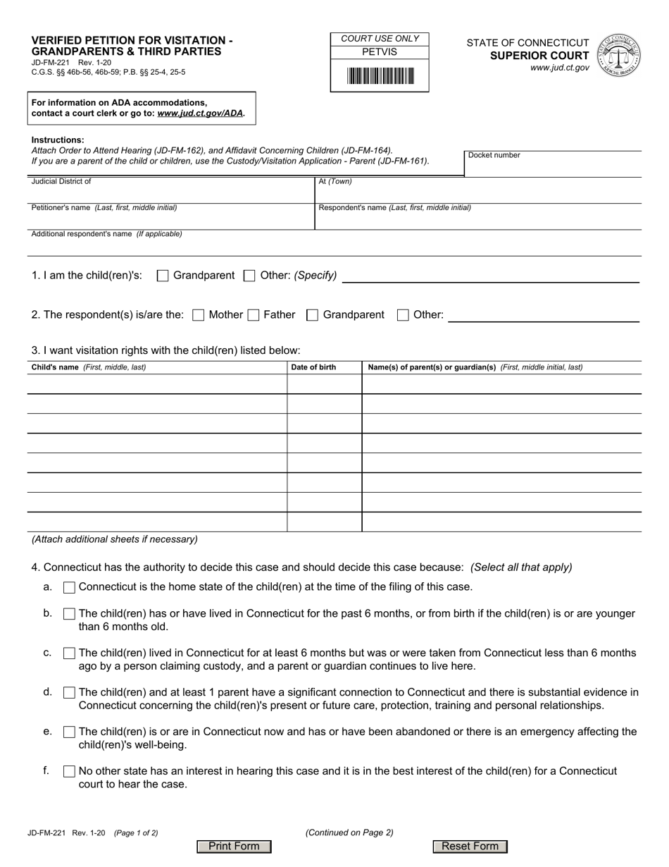 Form JD-FM-221 Verified Petition for Visitation - Grandparents  Third Parties - Connecticut, Page 1