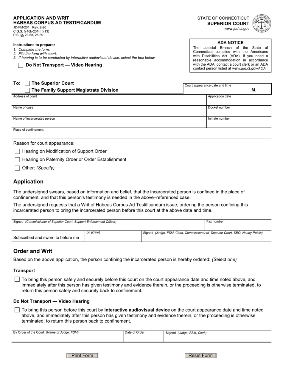 Form JD-FM-201 Application and Writ, Habeas Corpus Ad Testificandum - Connecticut, Page 1