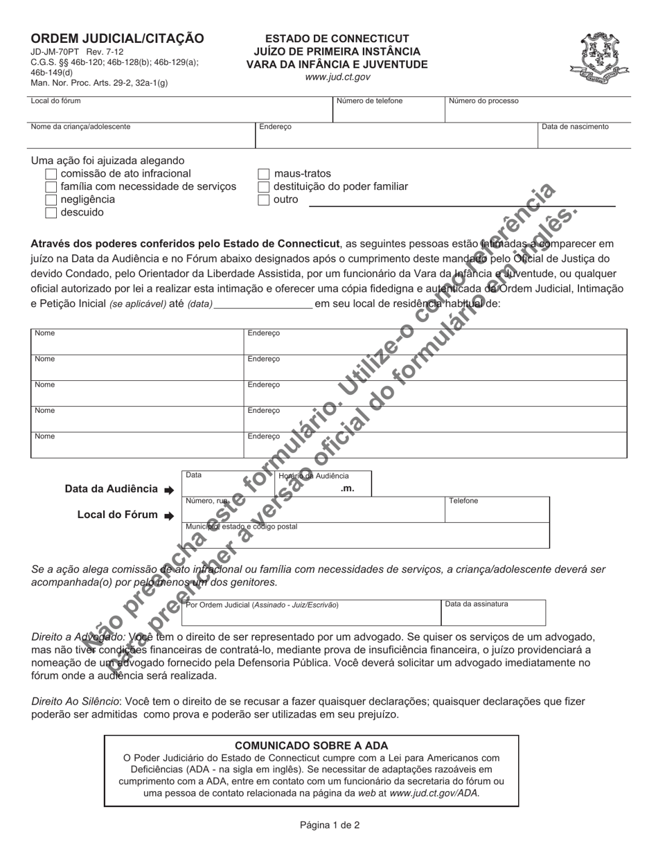 Form JD-JM-070PT Order / Summons - Connecticut (Portuguese), Page 1