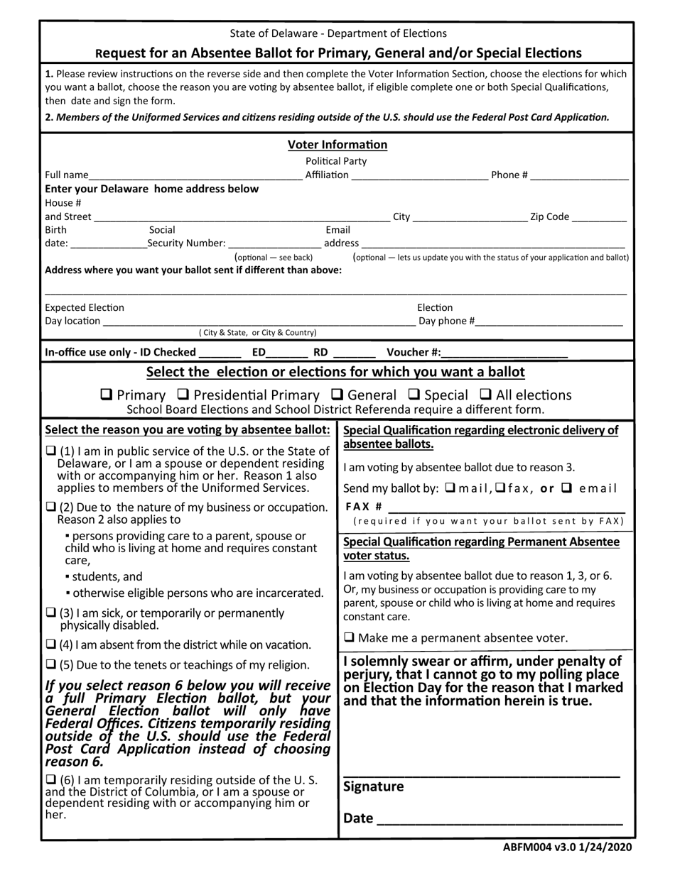 Form ABFM004 Request for an Absentee Ballot for Primary, General and/or Special Elections - Delaware, Page 1