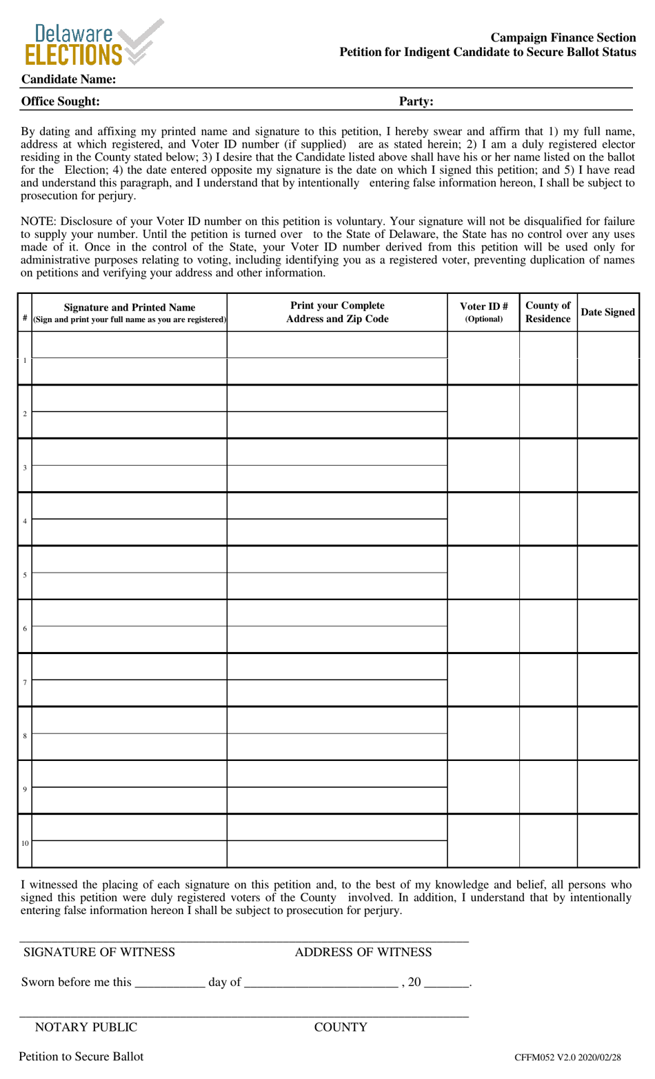 Form CFFM052 Petition for Indigent Candidate to Secure Ballot Status - Delaware, Page 1
