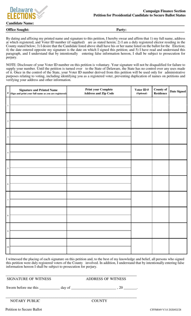 Form CFFM049 Petition for Presidential Candidate to Secure Ballot Status - Delaware
