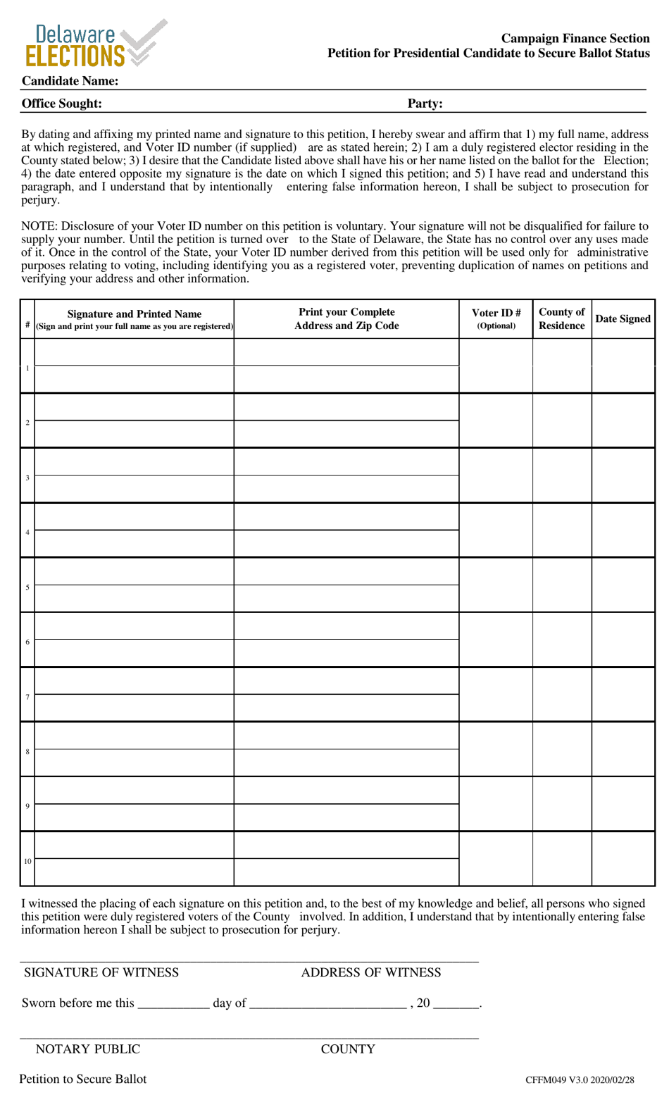 Form CFFM049 Petition for Presidential Candidate to Secure Ballot Status - Delaware, Page 1