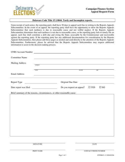 Form CFFM043 Appeal Request Form - Delaware