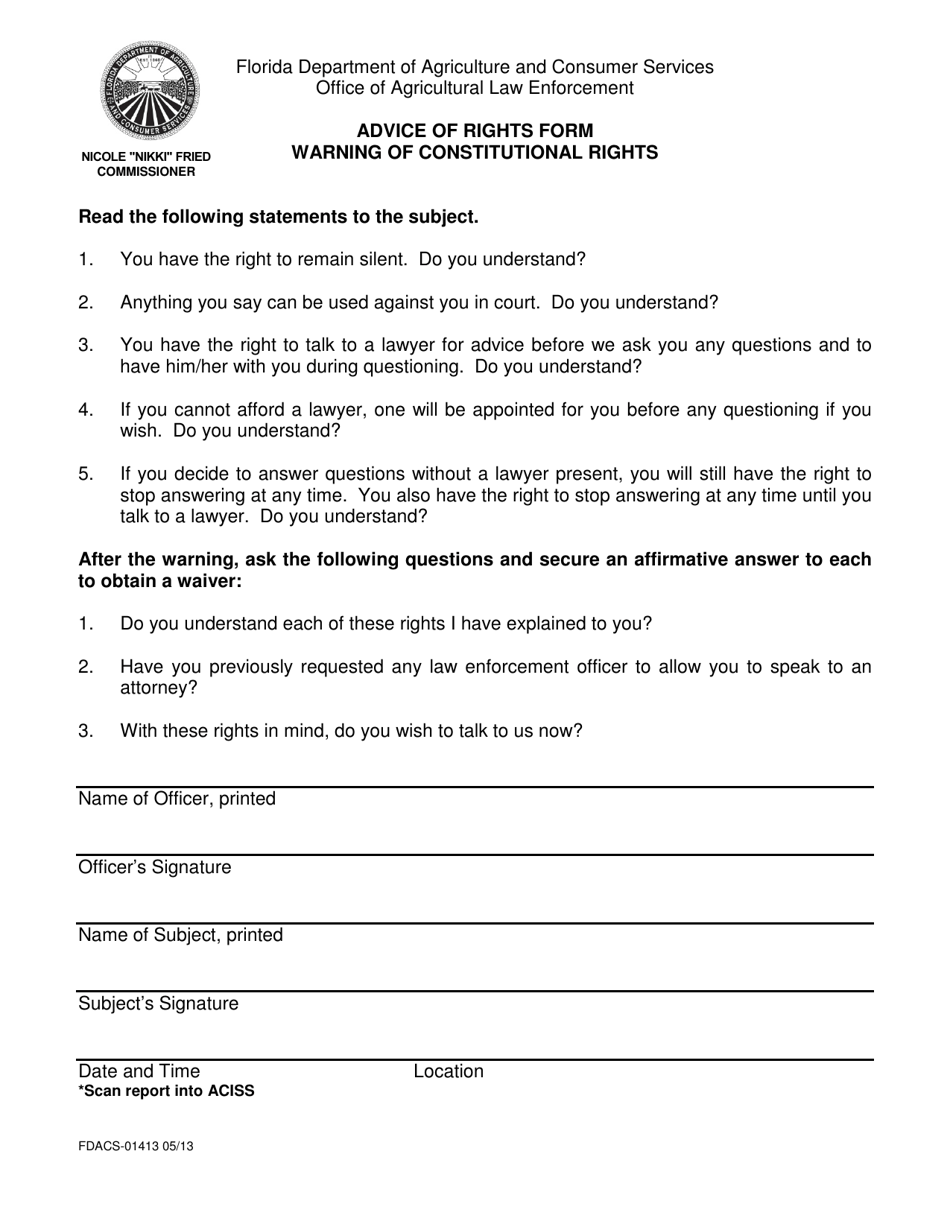 Form FDACS-01413 Advice of Rights Form Warning of Constitutional Rights - Florida (English / Spanish), Page 1