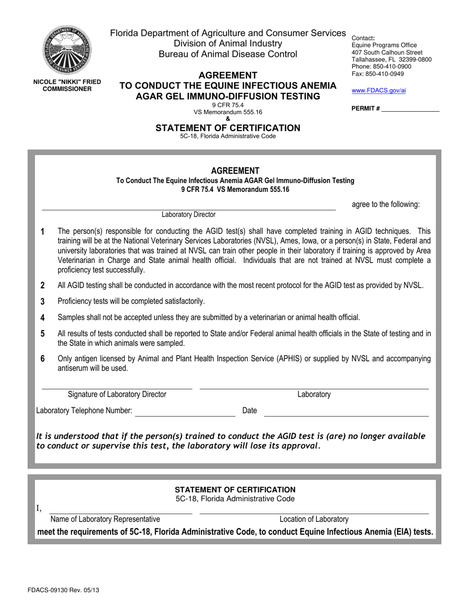 Form FDACS-09130 Agreement to Conduct Eia AGAR Gel Immuno-Diffusion Testing  Statement of Certification - Florida, Page 1