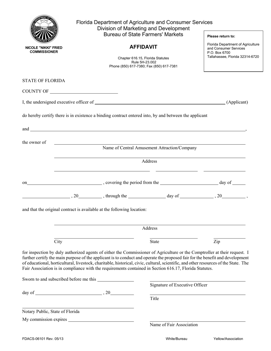 Form FDACS-06101 Affidavit - Florida, Page 1