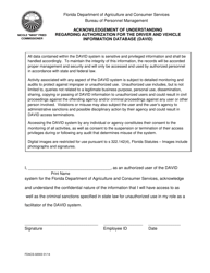Document preview: Form FDACS-02003 Acknowledgement of Understanding Re: Authorization for the Driver & Vehicle Info Database (David) - Florida