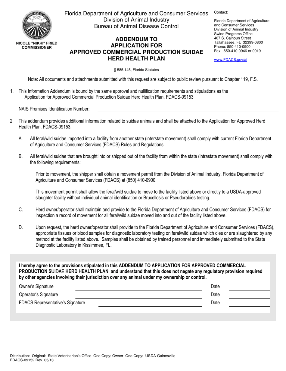 Form FDACS-09152 Addendum to Application for Approved Commercial Production Suidae Herd Health Plan - Florida, Page 1