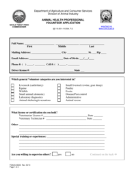 Document preview: Form FDACS-09233 Animal Health Care Professional Volunteer Application - Florida