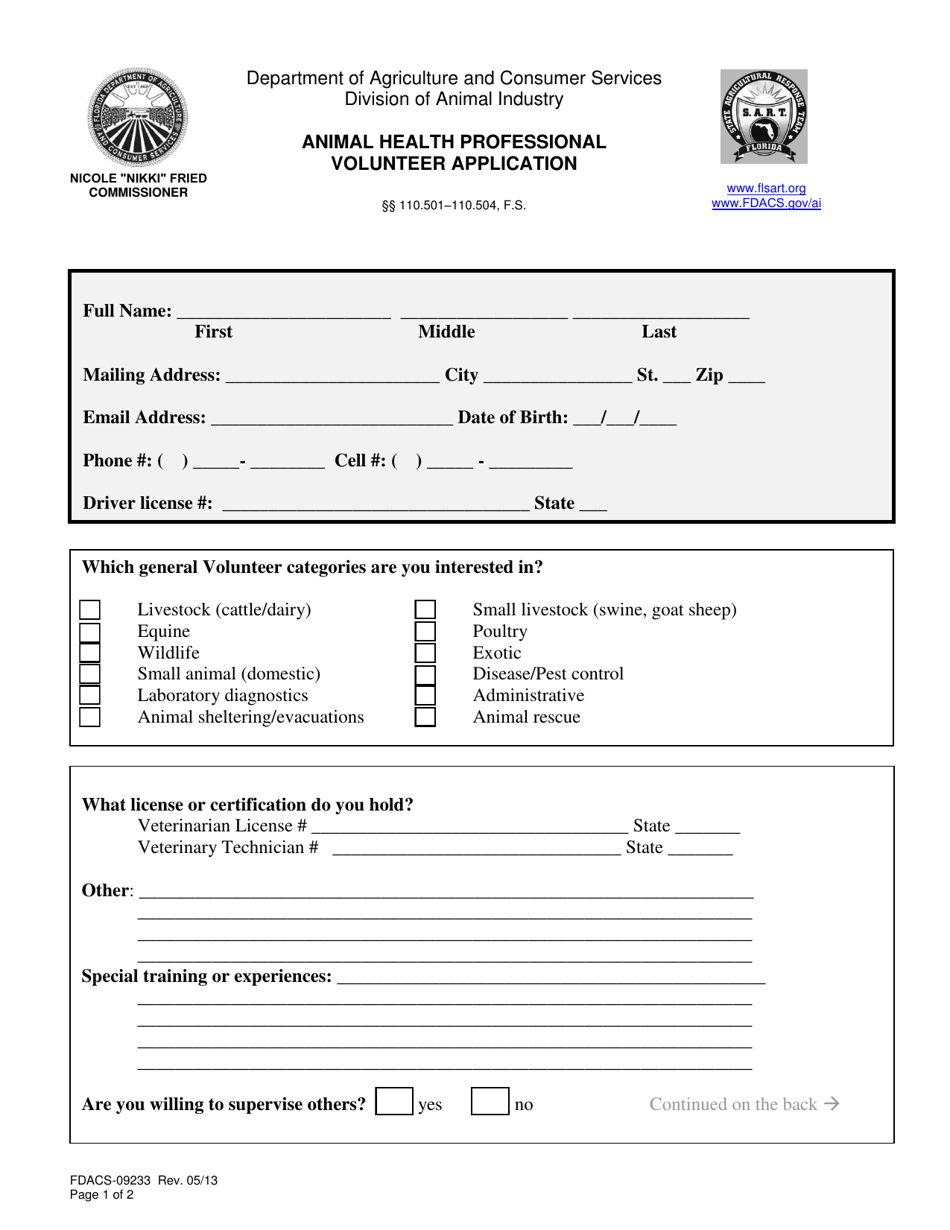 Form FDACS-09233 Animal Health Care Professional Volunteer Application - Florida, Page 1