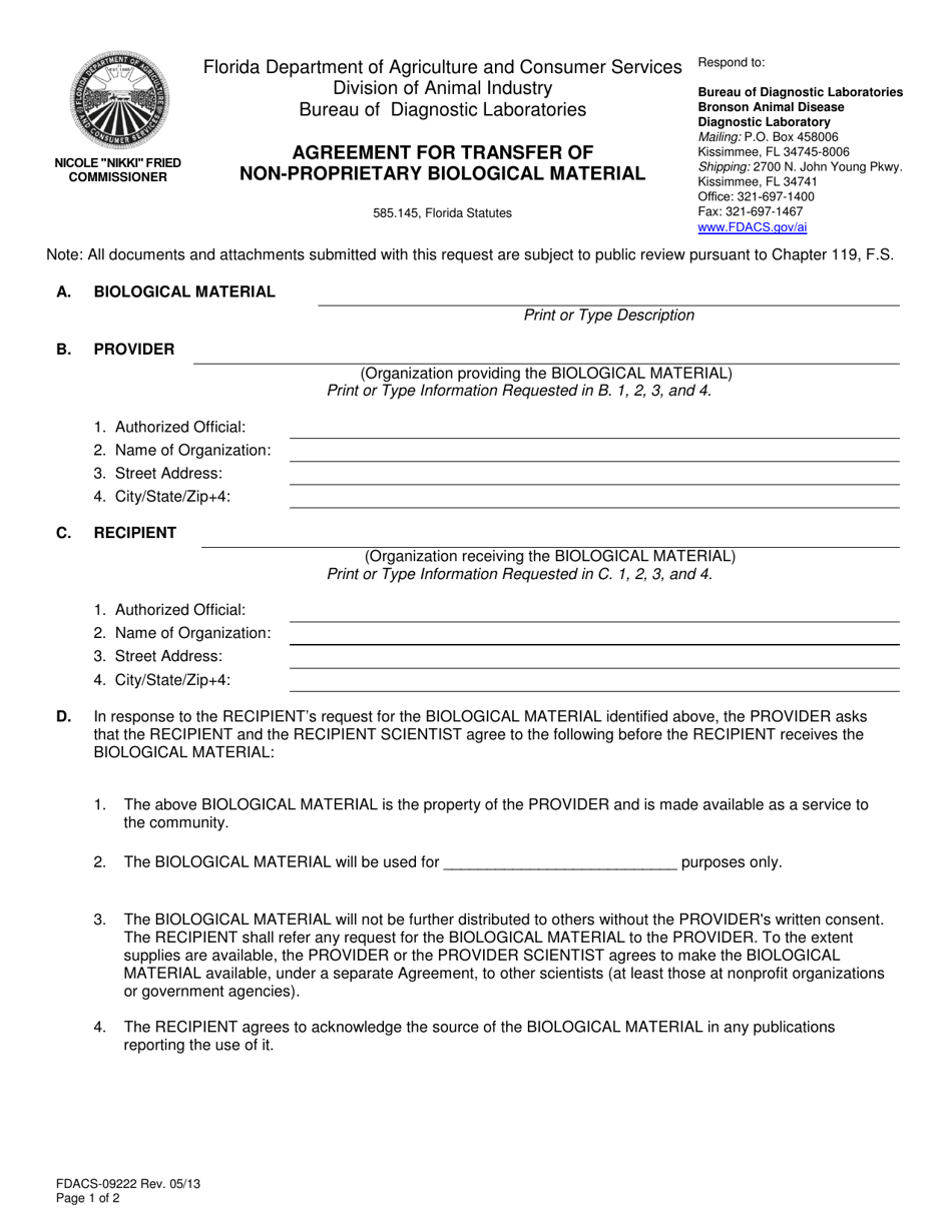 Form FDACS-09222 Agreement for Transfer of Non-proprietary Biological Material - Florida, Page 1