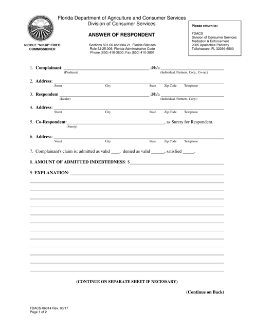 Form FDACS-06314 Answer of Respondent - Florida
