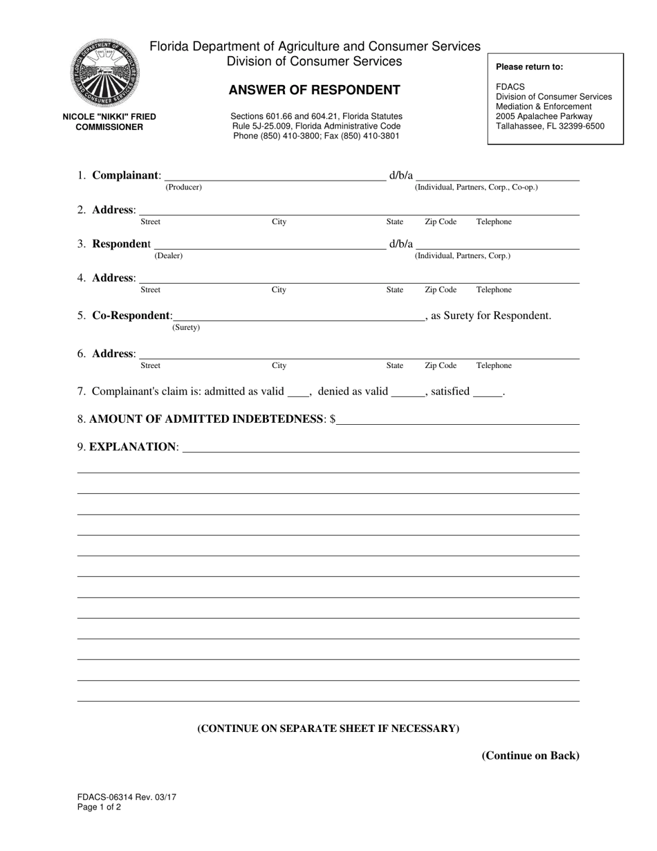 Form FDACS-06314 Answer of Respondent - Florida, Page 1