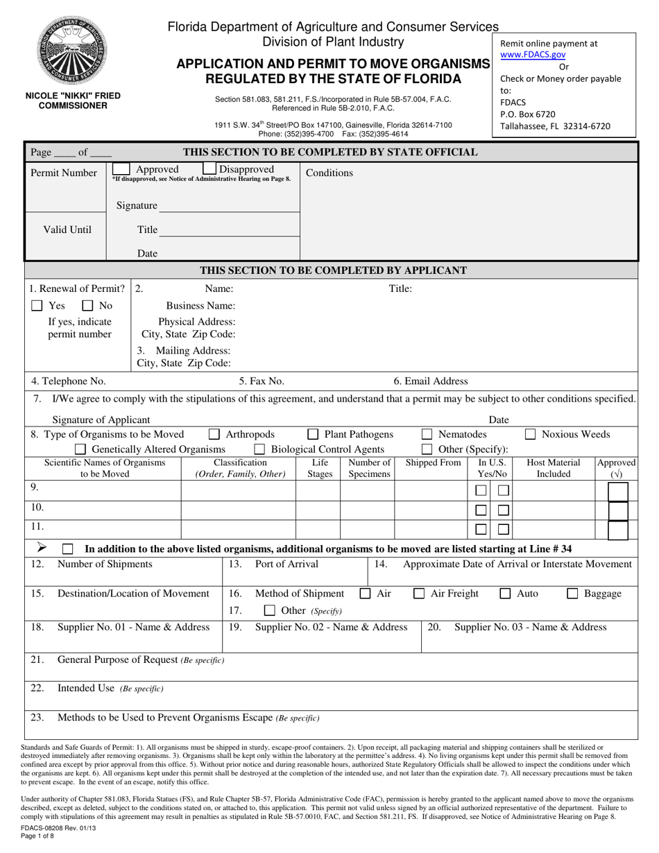 Form FDACS-08208 Application and Permit to Move Organisms Regulated by the State of Florida - Florida, Page 1