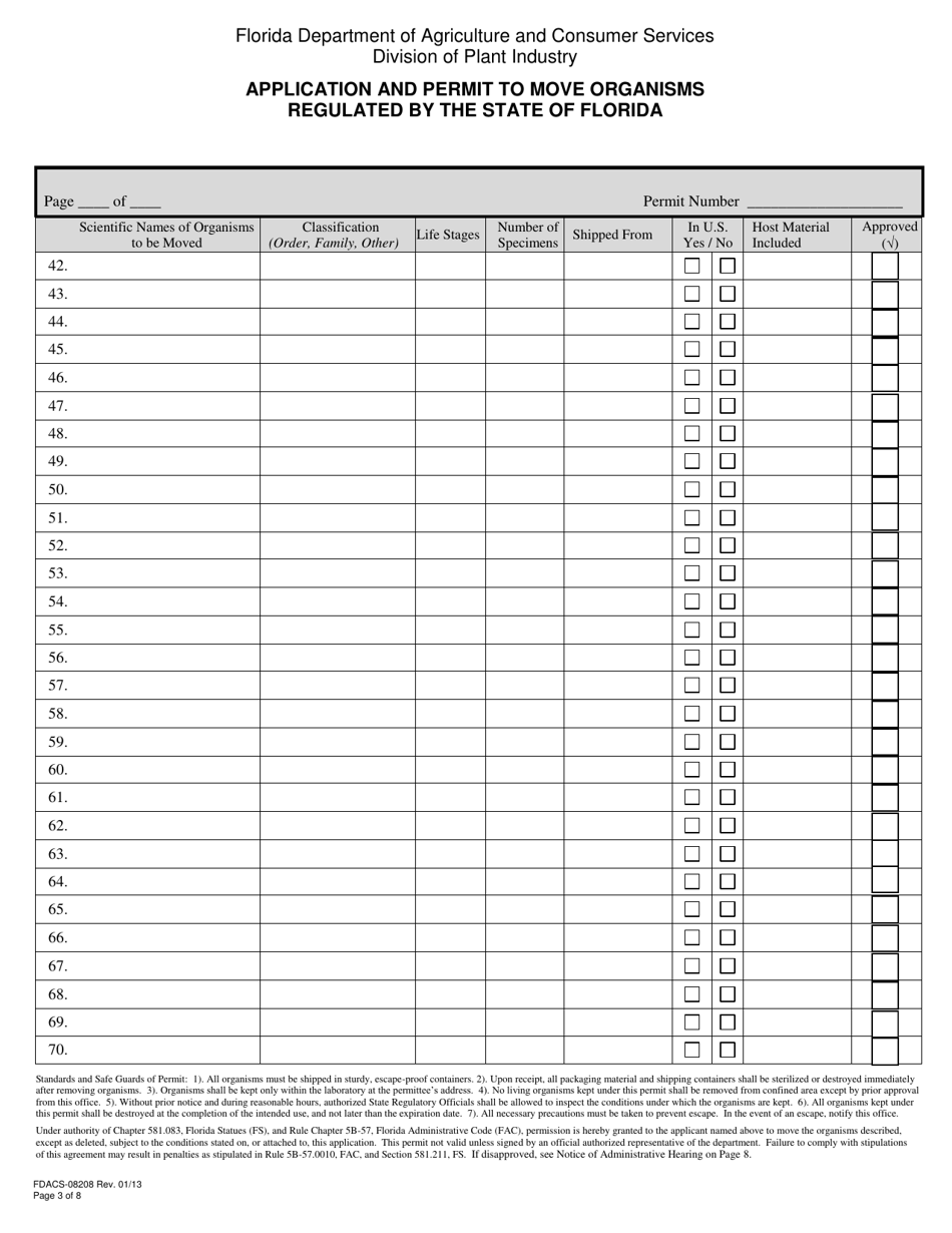 Form FDACS-08208 Application and Permit to Move Organisms Regulated by the State of Florida - Florida, Page 3
