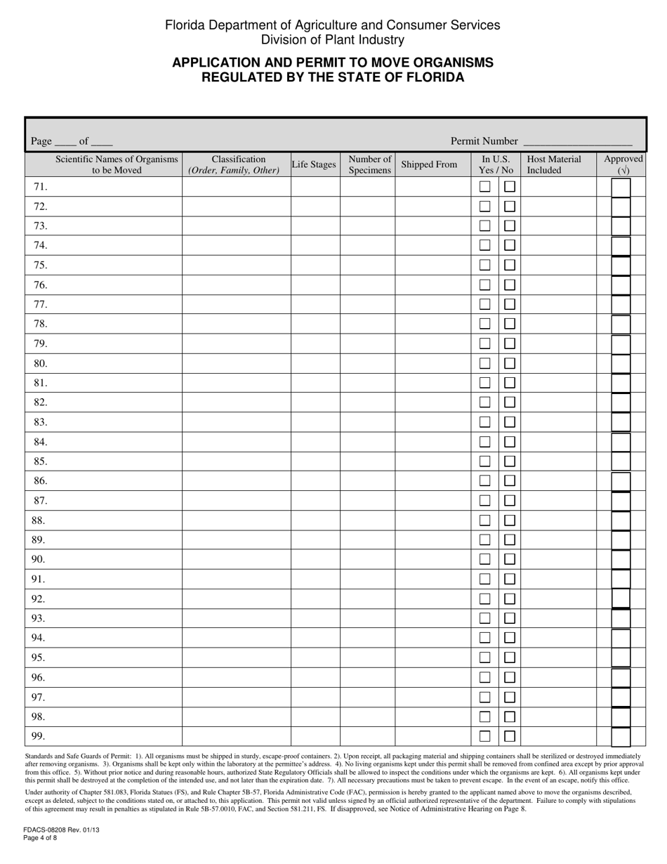 Form FDACS-08208 Application and Permit to Move Organisms Regulated by the State of Florida - Florida, Page 4