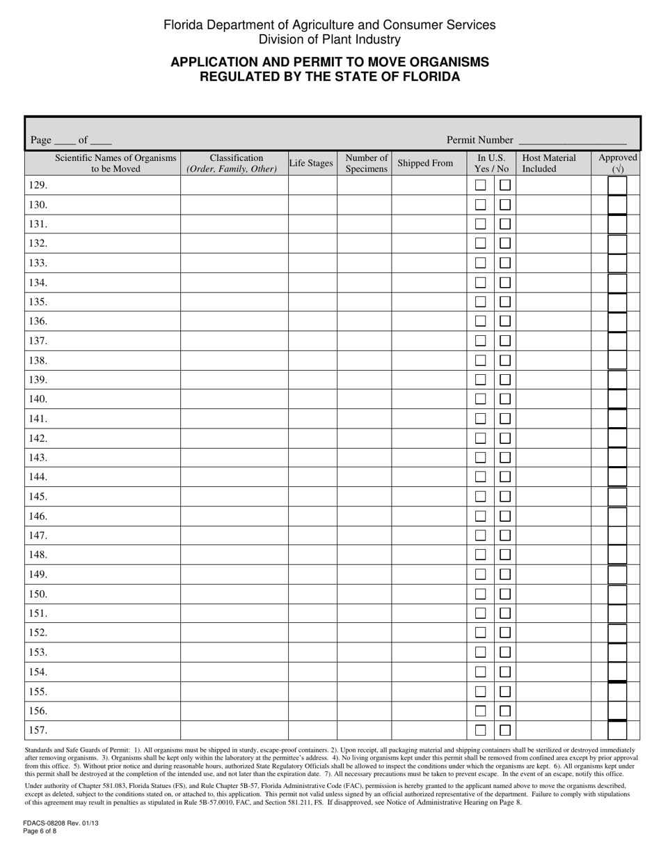 Form FDACS-08208 Application and Permit to Move Organisms Regulated by the State of Florida - Florida, Page 6