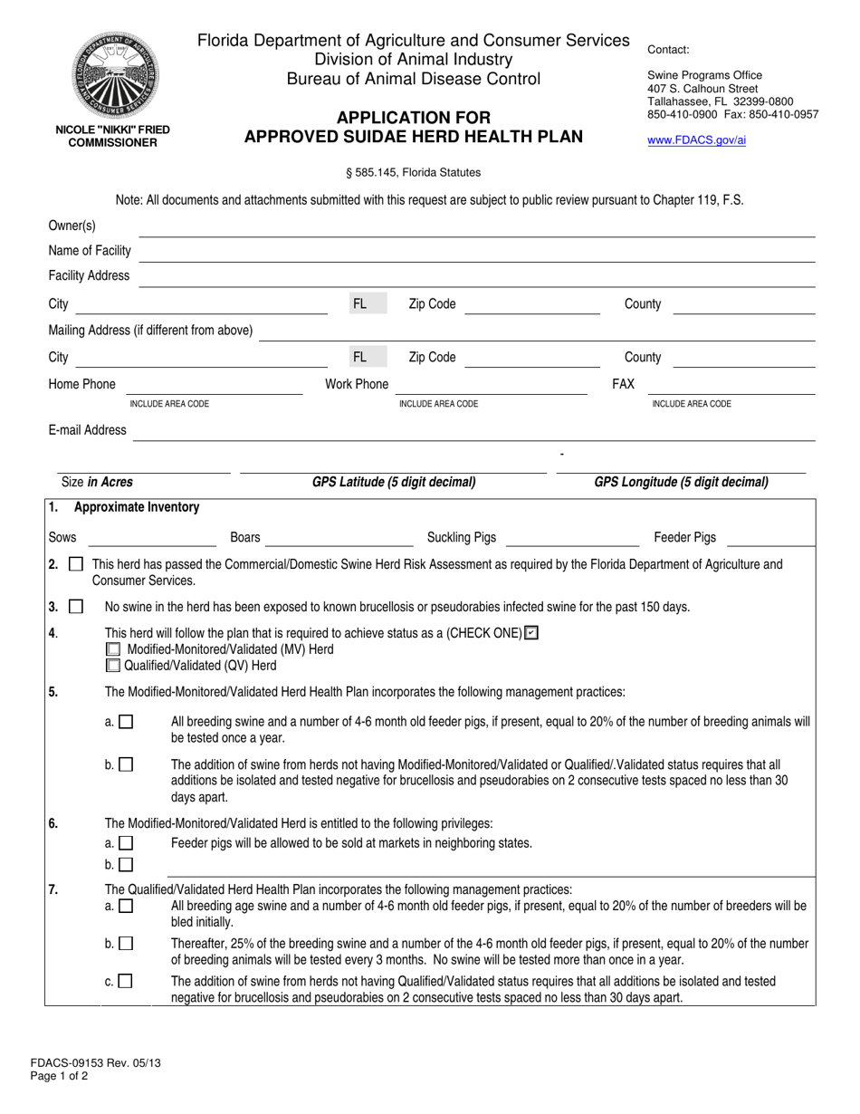 Form FDACS-09153 Application for Approved Suidae Herd Health Plan - Florida, Page 1