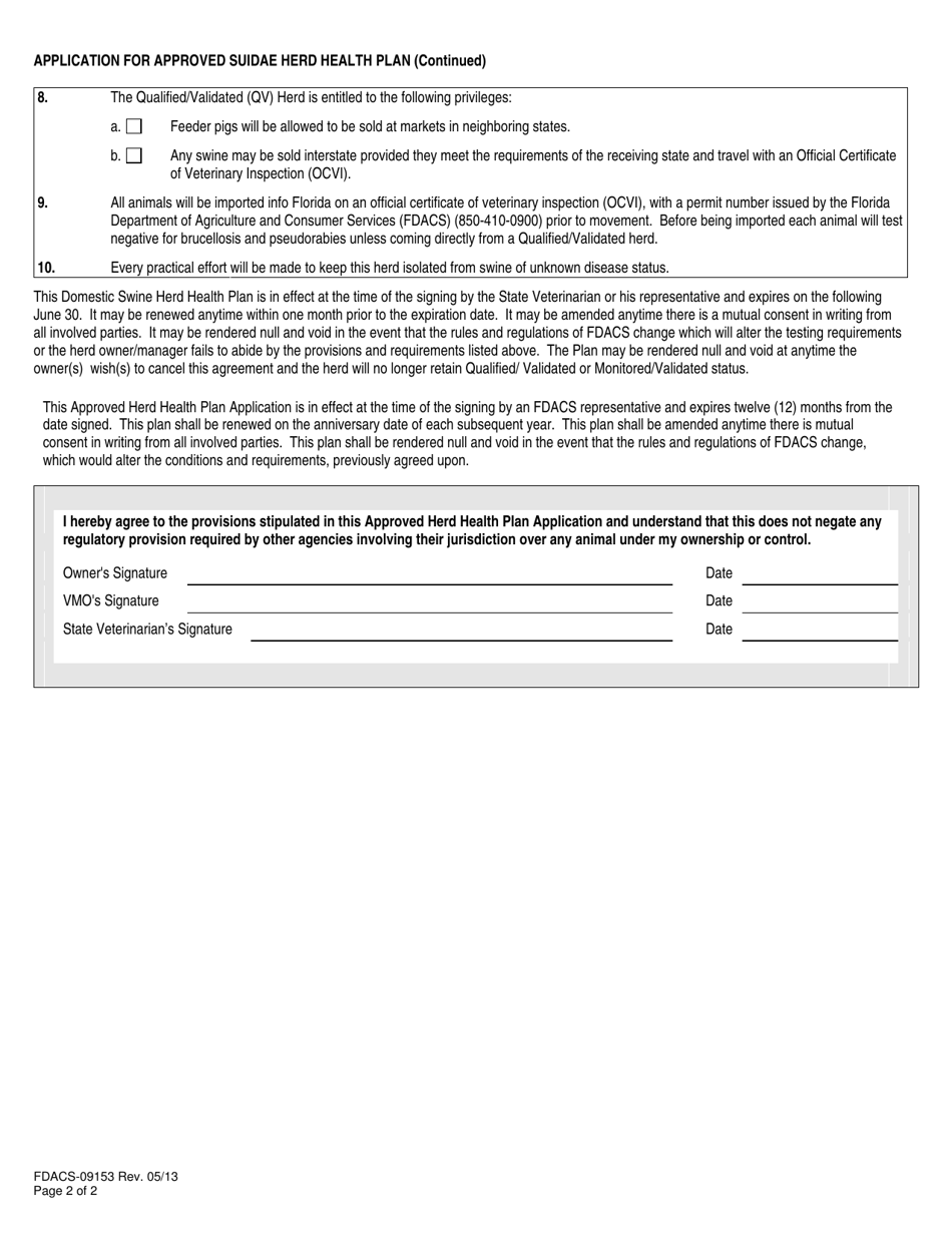 Form FDACS-09153 Application for Approved Suidae Herd Health Plan - Florida, Page 2