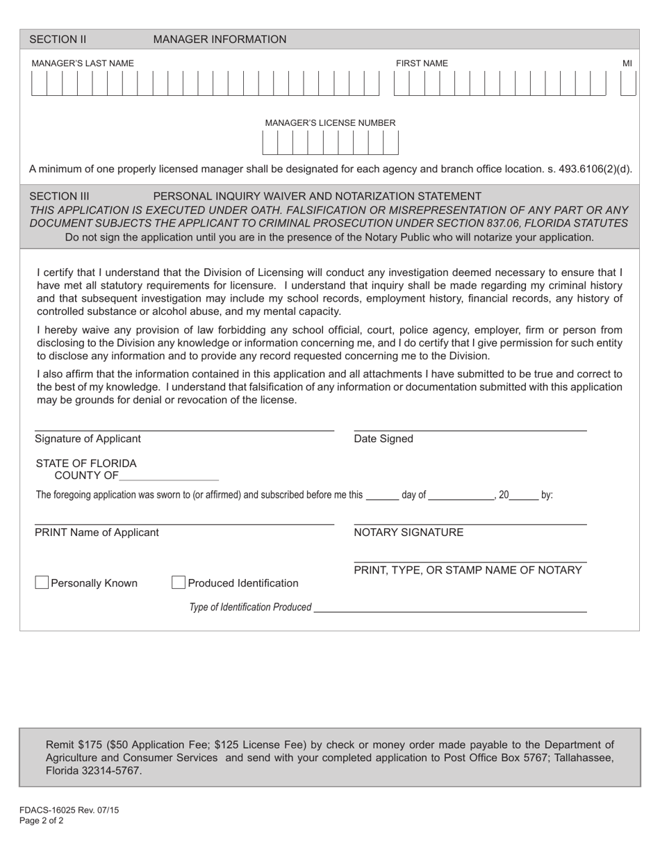 Form FDACS-16025 Application for Class aa, bb, AB or rr Branch Agency License - Florida, Page 2